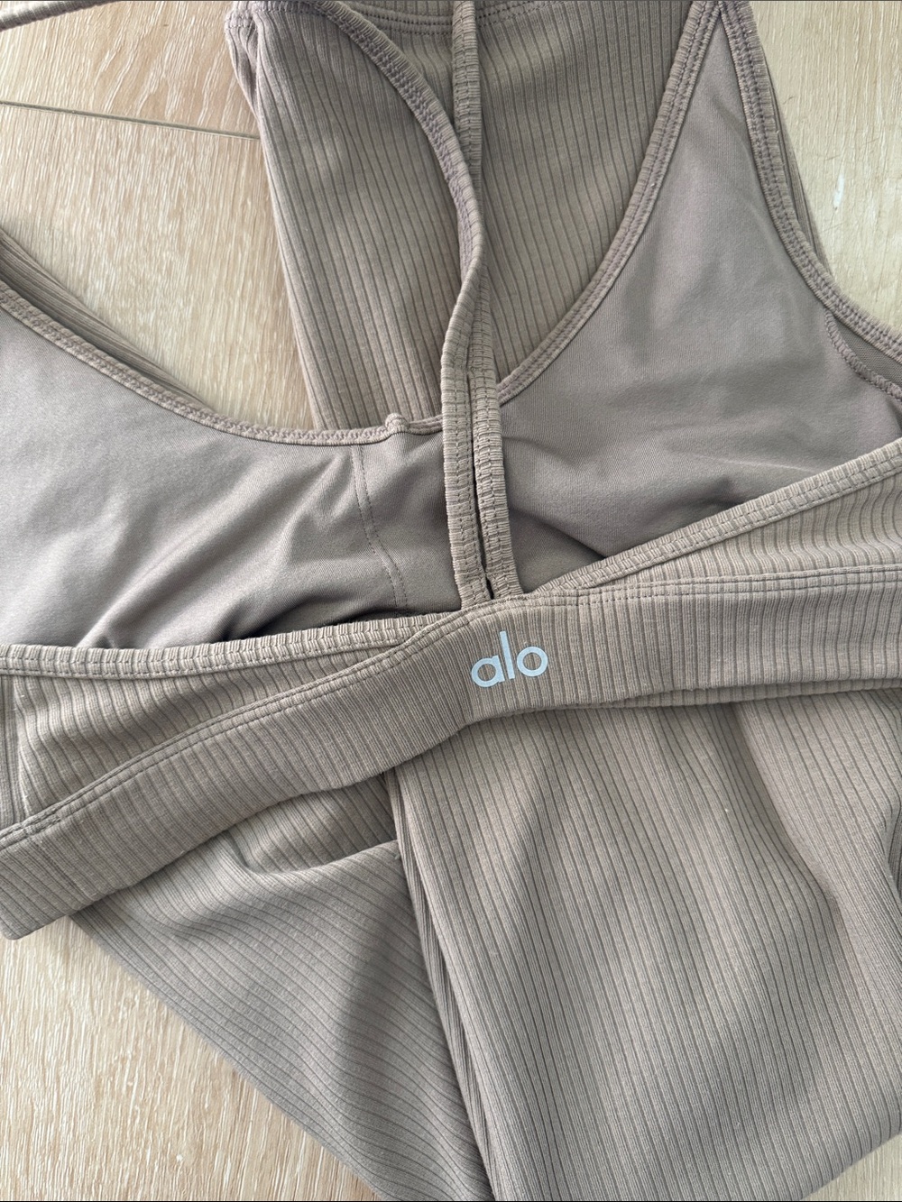 ALO Yoga Ribbed Sports Bra and Leggings Set in Taupe
